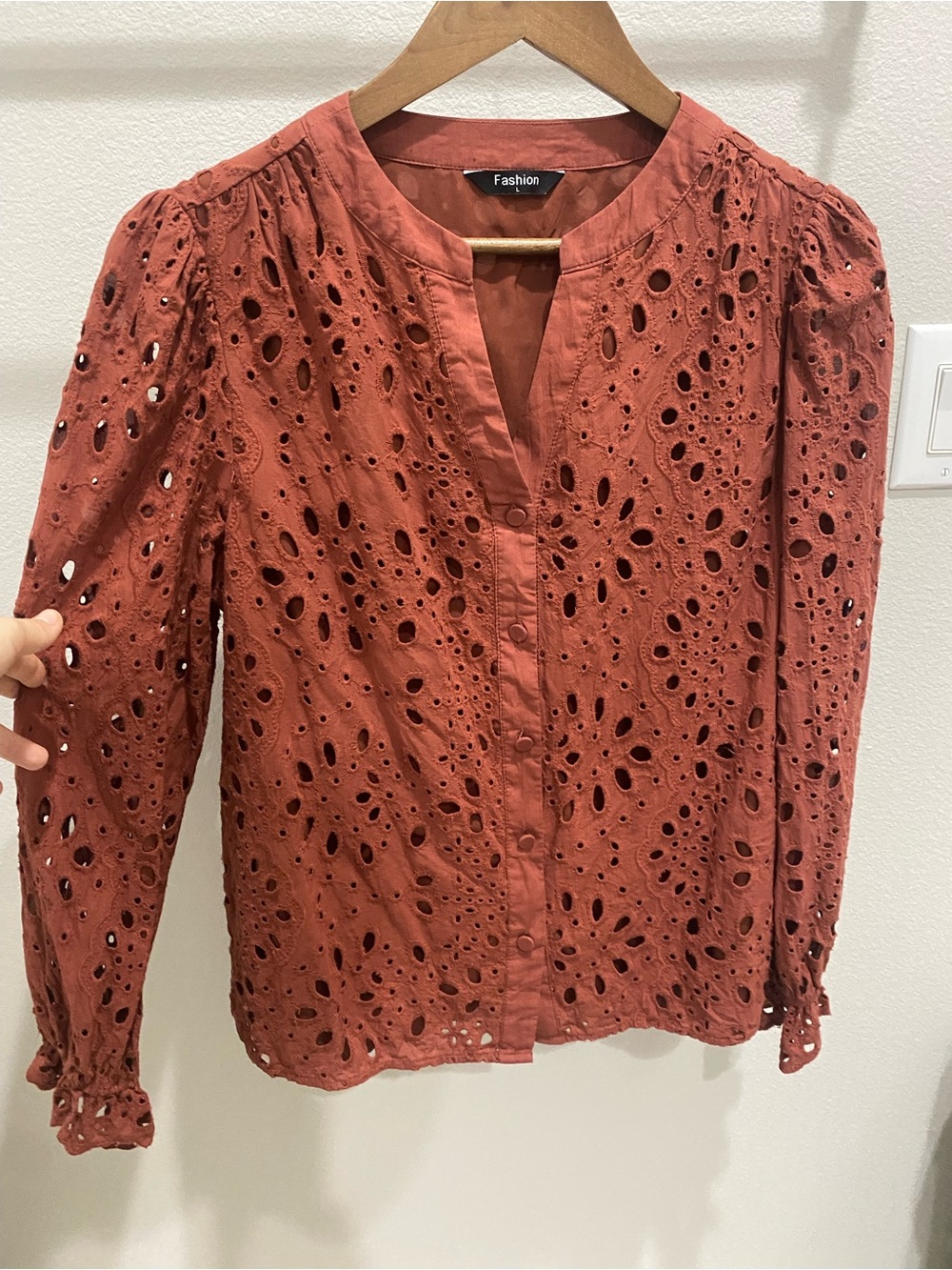 Women's Eyelet Button-Front Top in Rust